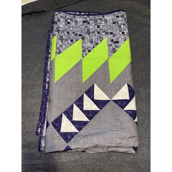Handmade Modern 52x60 Quilt With Blue, Green And Gray Design. - Picture 9 of 11